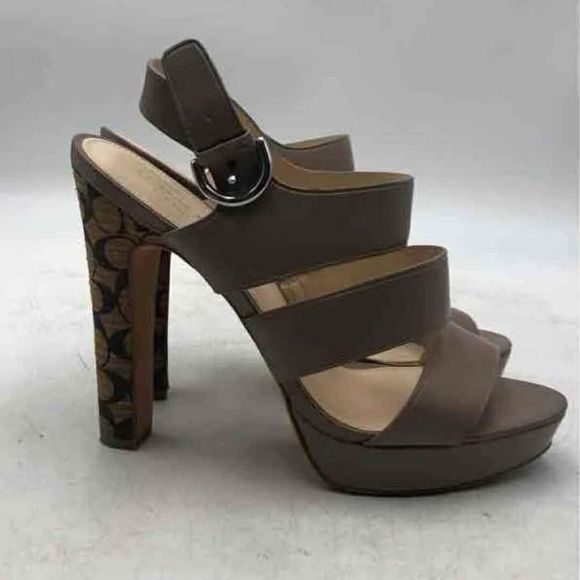 Coach Designer Womens Tan Signature Print Slingback Block Heel Size 8.5 D - Picture 1 of 8